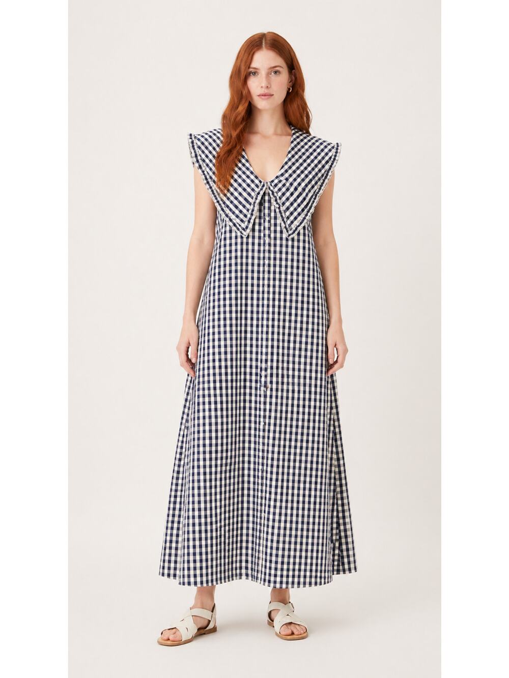 Asos Sleeveless Collared Maxi Dress Navy Blue Gingham Womens Size 4 New Cottage